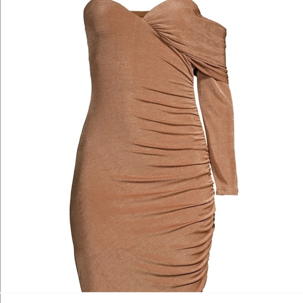 Tan Asymmetrical Ruched One-Shoulder Dress - Picture 7 of 7